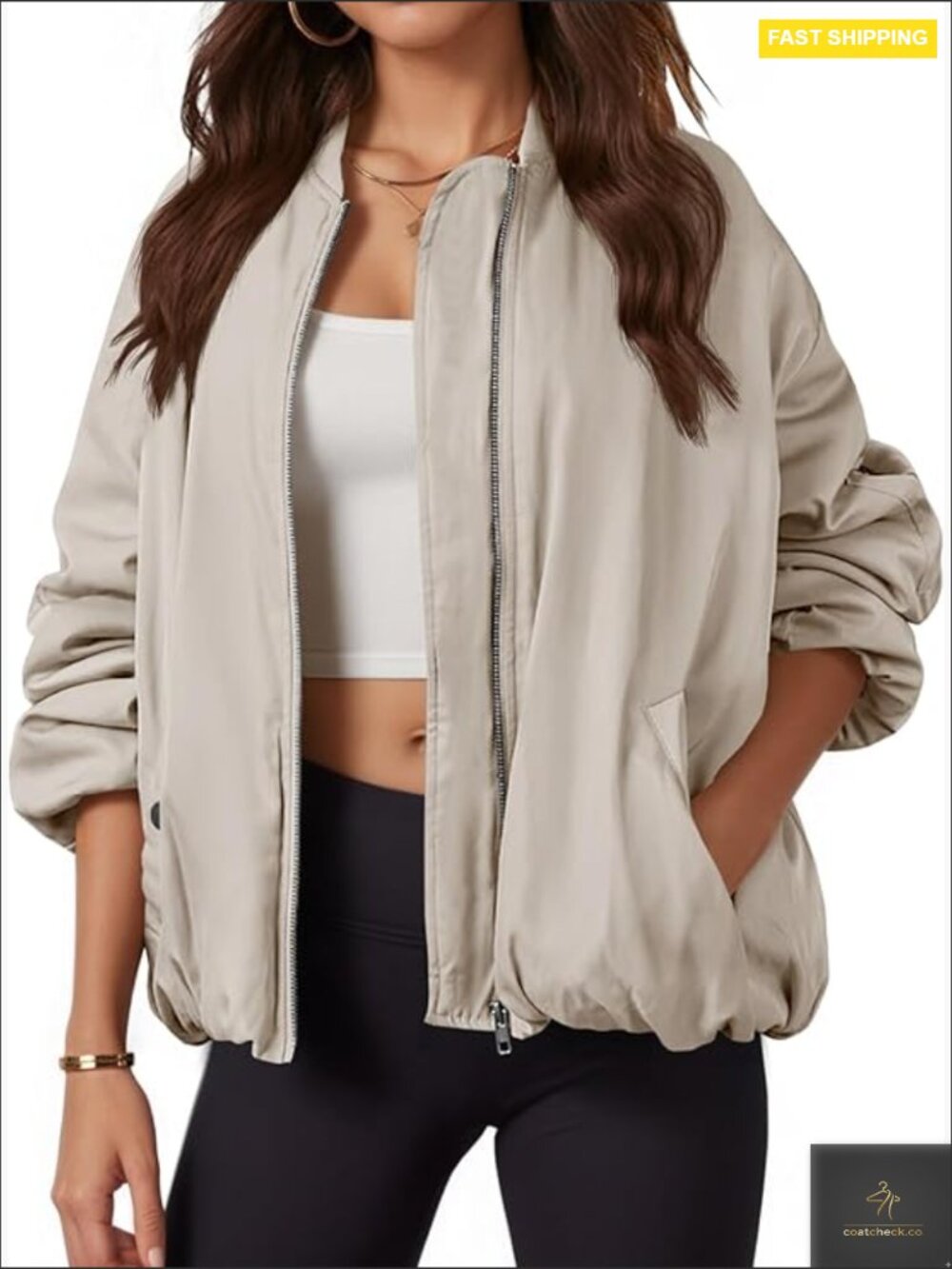 Oversized Zip Up Bomber Jacket Women Fashion Casual Fully Lined Winter Coat